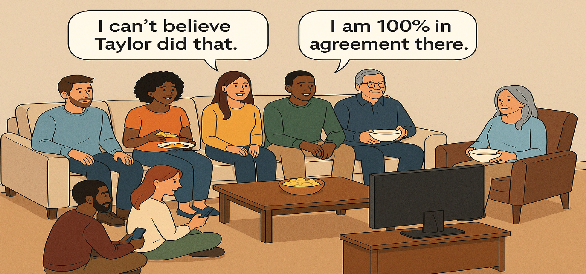 A diverse group of adults gathered in a living room, reacting to a reality TV show together.